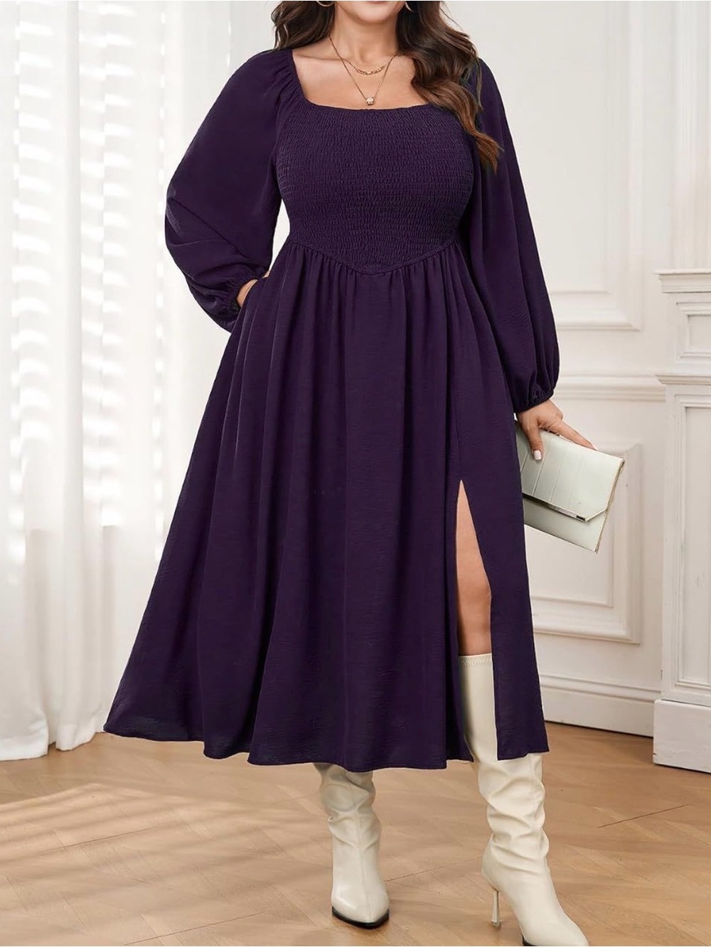 Smocked Square Neck Long Sleeve Midi Dress in Plum